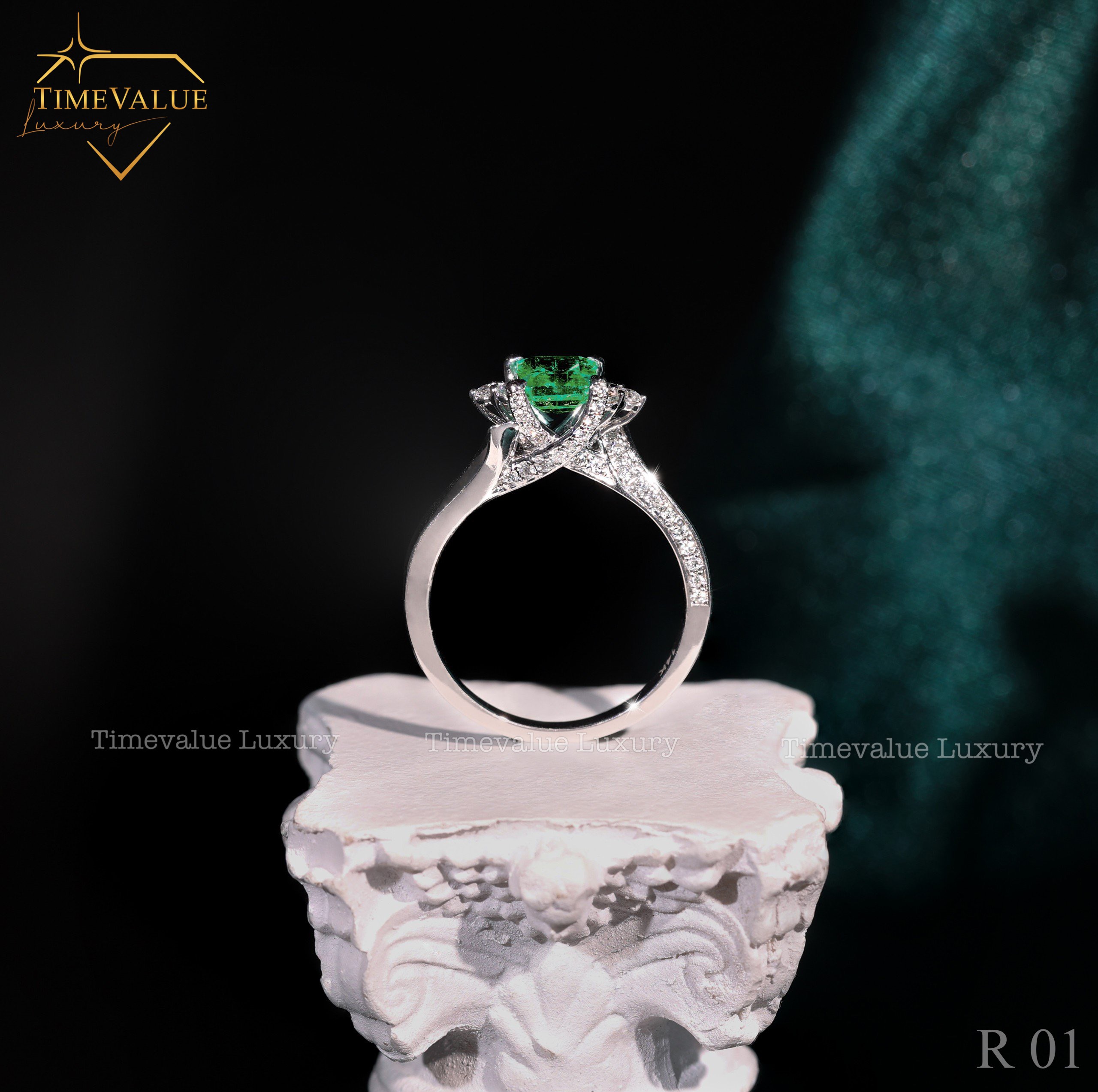 Nhẫn Kim cương Nữ gắn đá Emerald R01 05