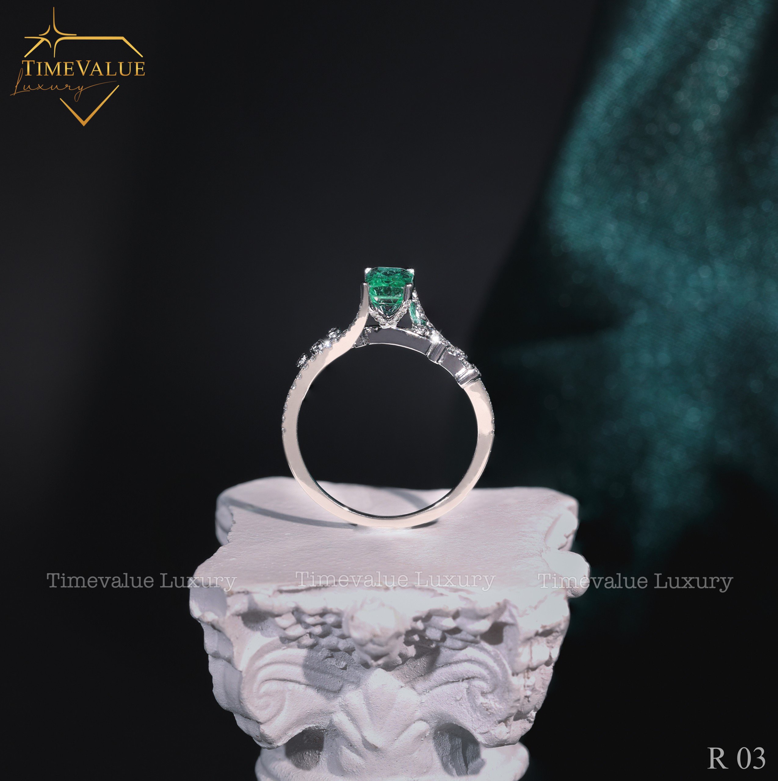 Nhẫn Kim cương Nữ gắn đá Emerald R03 04