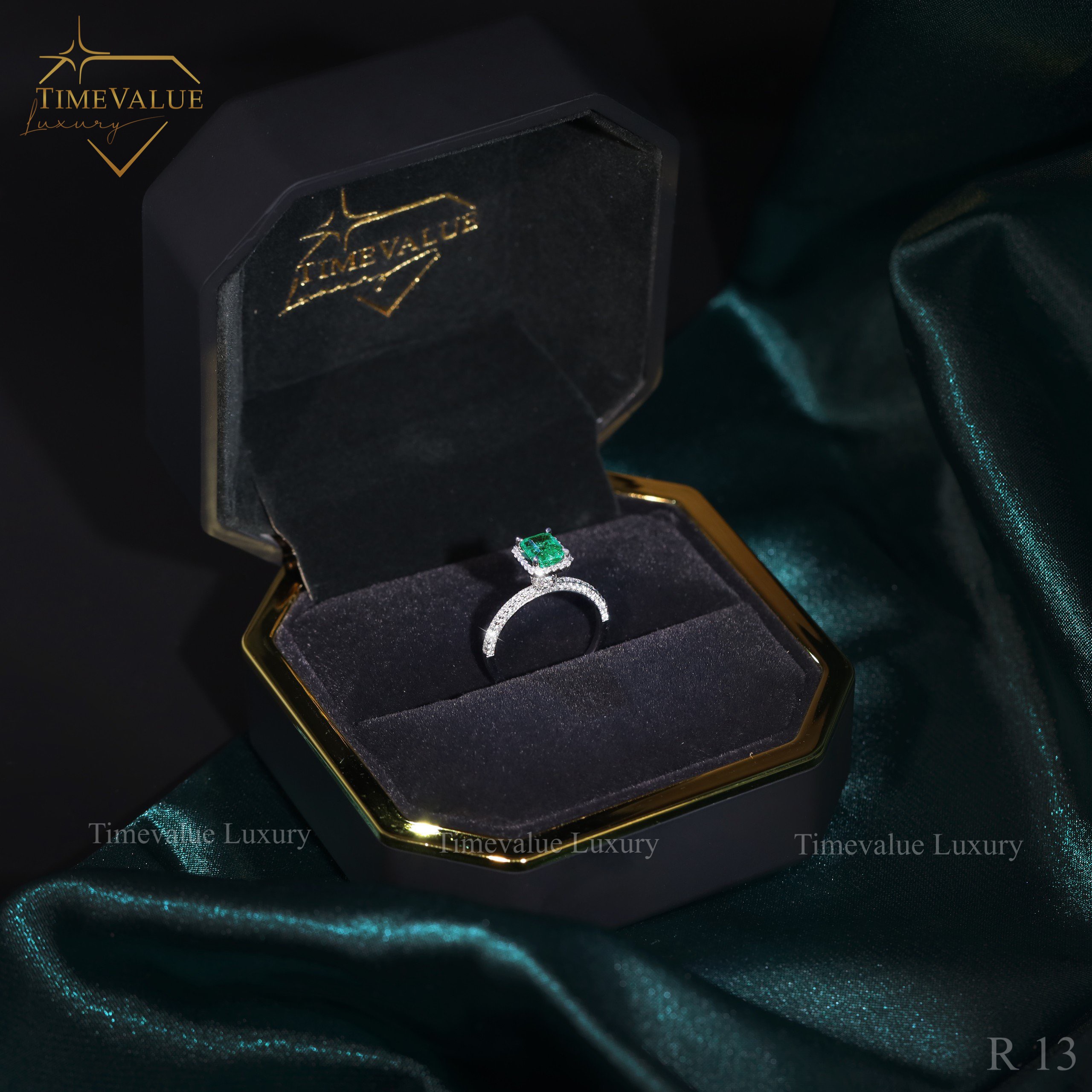 Nhẫn Kim cương Nữ gắn đá Emerald R13 