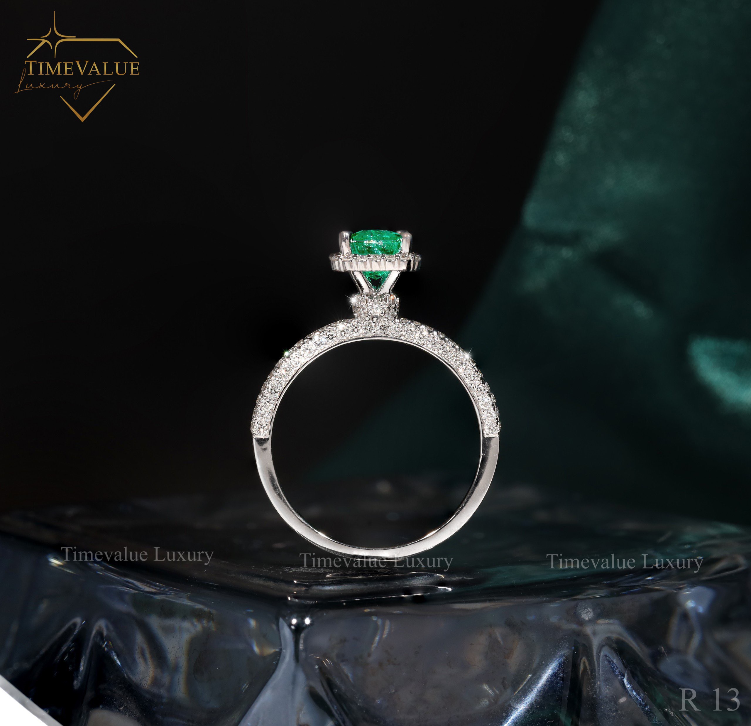 Nhẫn Kim cương Nữ gắn đá Emerald R13 04