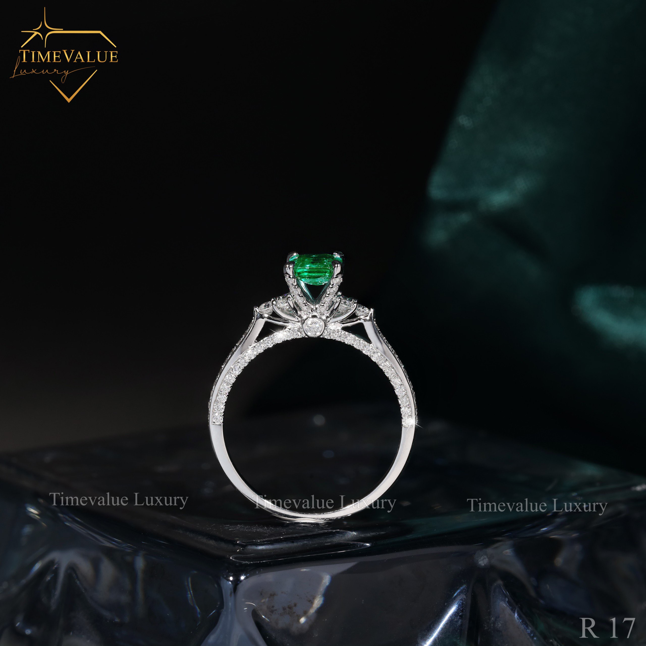 Nhẫn Kim cương Nữ gắn đá Emerald R17 05